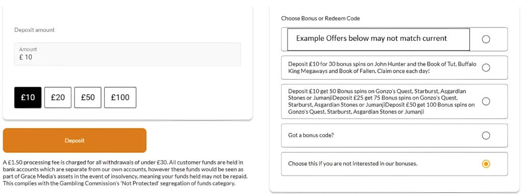 Royal Valley Casino deposit screen with bonus offers and £10 deposit option