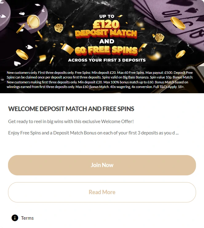 Royal Valley Casino welcome offer: £120 deposit match and 60 free spins