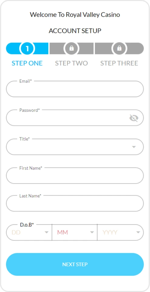 Royal Valley Casino registration form with email, password, and D.O.B. fields