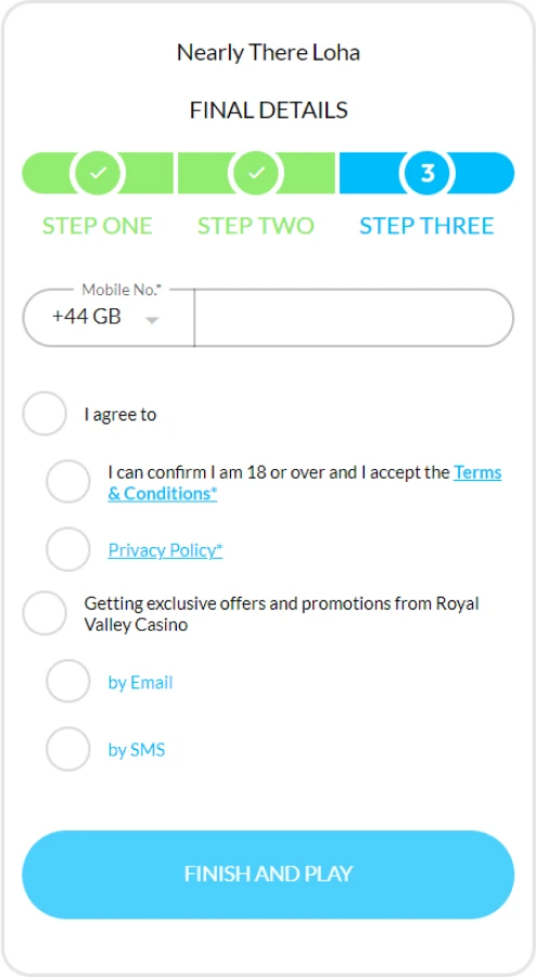 Royal Valley Casino mobile registration form with step 3 active
