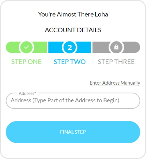Mobile screen showing account details with address field for Royal Valley Casino